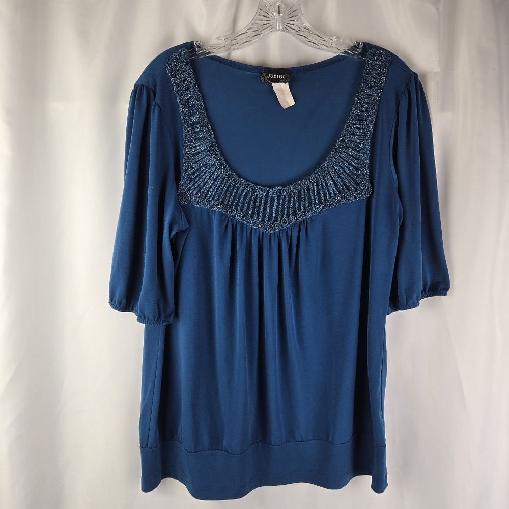 Judith Teal Blue Metallic Embroidered Puff Sleeve Women Blouse Top Size Large